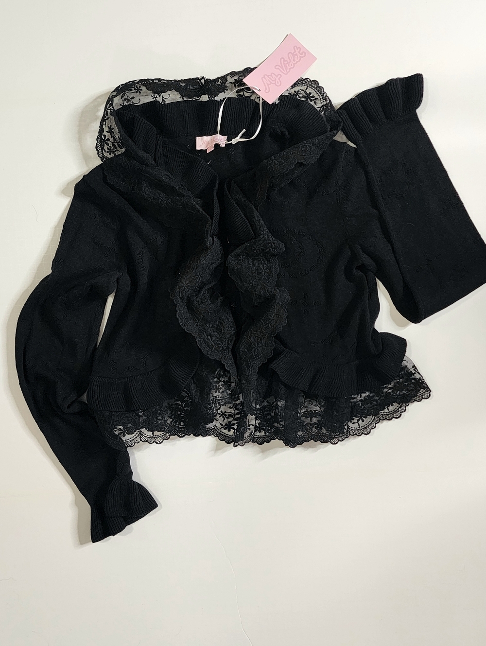 My Violet Black Lace Ruffled Cardigan Sweater